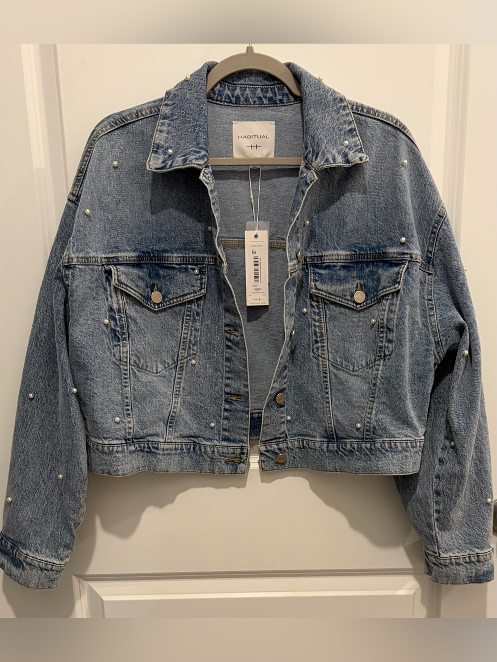 Habitual Washed Blue Denim Jacket with Pearl Studs
